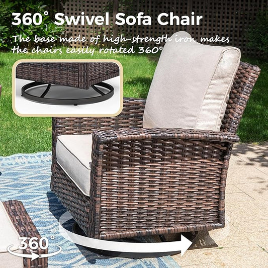 Swivel Patio Wicker Chairs Set of 2, High Back Outdoor Swivel Patio Rattan Chairs with 5.5" Thick Cushions for Bistro Balcony Porch Deck and Yard, Beige