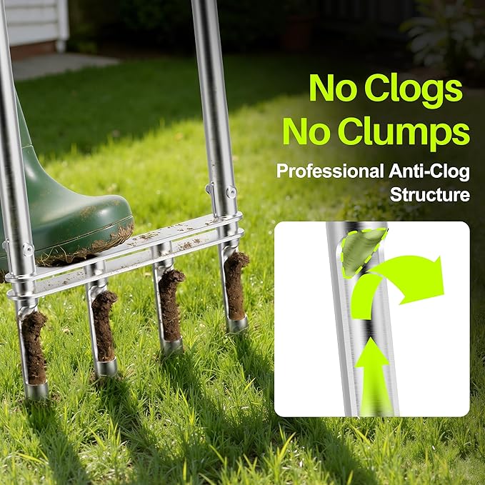 Knee-Friendly Manual Lawn Aerator Tool – SUS304 Stainless Steel Core Aerator for Grass, Yard Aeration Tool with 4 Hollow Tines for Lawn Care and Compacted Soil,43.3"-48.5",Silver