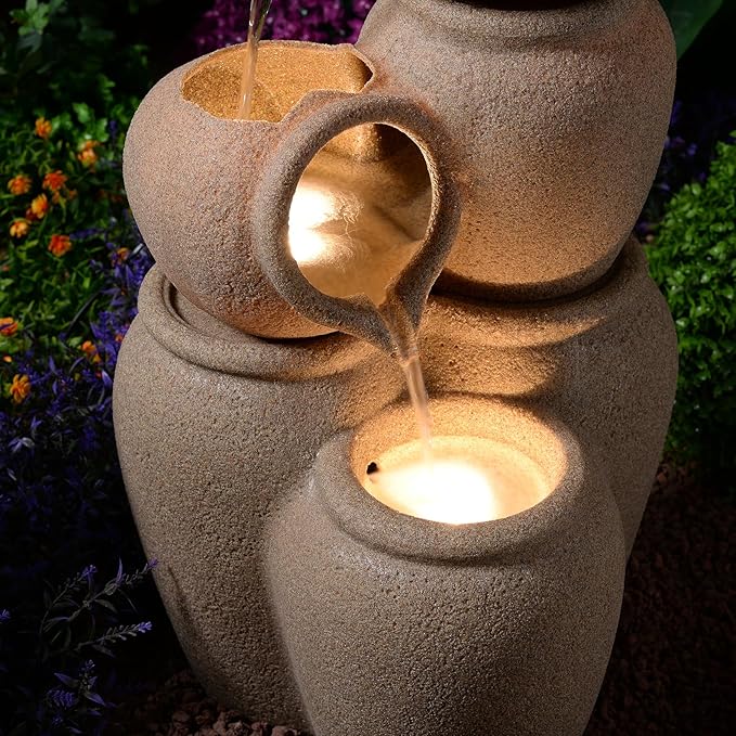 Puulye 29.53" H Outdoor Water Fountain Made with Eco-Friendly Recyclable Materials, Polyethylene Cascading Waterfall Outdoor Fountain, Garden Decor with LED Light & Pump for Patio, Backyard