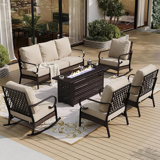 6 Piece Black Metal Outdoor Patio Furniture Sets with Firepit Table, Patio Conversation Sets 1 3-Seater Sofa, 2 Leg Sofa and 2 Rocking Sofa with 5.75" Cushion for Backyard Deck, Beige