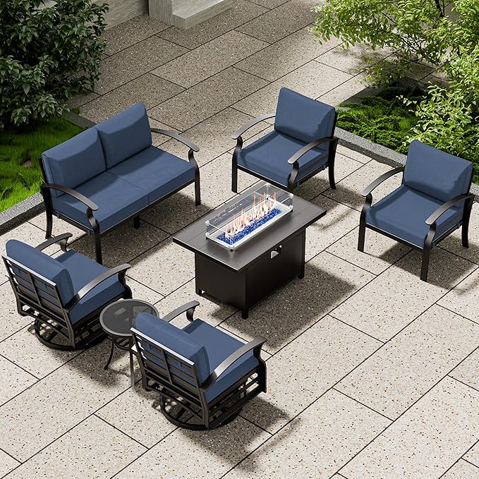 Aluminum Patio Furniture Set with Fire Pit Table, 6 Seats Outdoor Patio Conversation Sets with Swivel Chair Modern Metal Patio Sectional Sofa with Upgrade Cushions for Patio, Backyard Navy