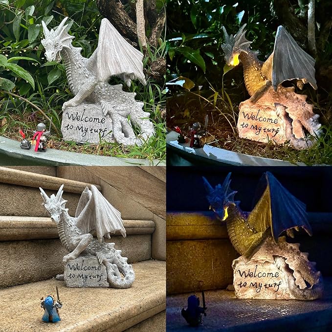 Jy.Cozy Garden Large Dragon Statue Solar Powered Outdoor Figurine Light The Dragonfire Welcome to My Turf Sign Big Resin Sculpture Home Decoration Housewarming Ornament Unique Gift