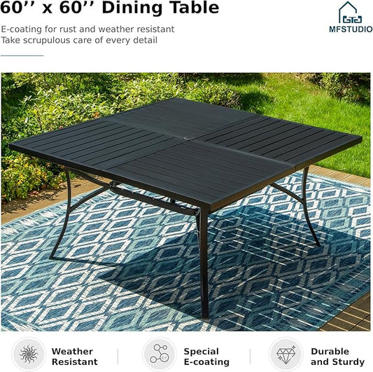 MFSTUDIO 9 Pieces Outdoor Dining Set for 8, 60" Square Table & Wicker Chairs with Cushions, Durable Patio Dining Furniture Set for Deck, Large E-Coated Metal Dining Table for 8