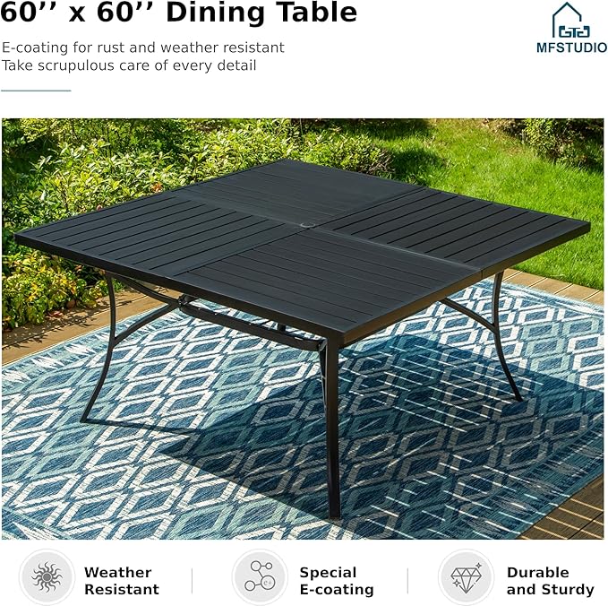 MFSTUDIO Patio Dining Set for 8, Outdoor Dining Set with Square Metal Table and Swivel Chairs, 9 Piece Outdoor Patio Furniture Set for Deck/Backyard/Poolside/Garden