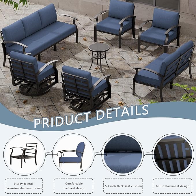 Aluminum Patio Furniture Set, 9 Seats Outdoor Patio Conversation Set with Swivel Chair Modern Metal Patio Sectional Sofa with Upgrade Cushions for Patio, Backyard Navy