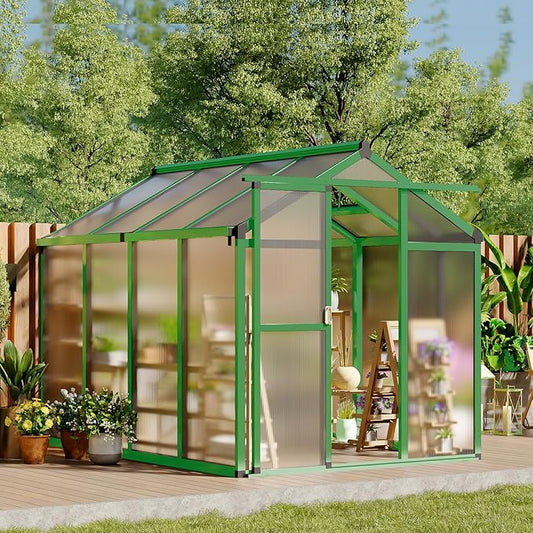 Greenhouse, 6x8 Ft Outdoor Greenhouses, Accessible Green House with Roof Vents and Sliding Doors, Aluminum Frame Polycarbonate Greenhouses, Large Greenhouse for Outdoor Gardens and Backyards, Green