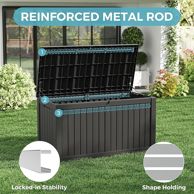 Outdoor Storage Box, Resin Deck Boxes Indoor and outdoor, Waterproof Storage Box Lockable Lid (Black,180 Gallon)
