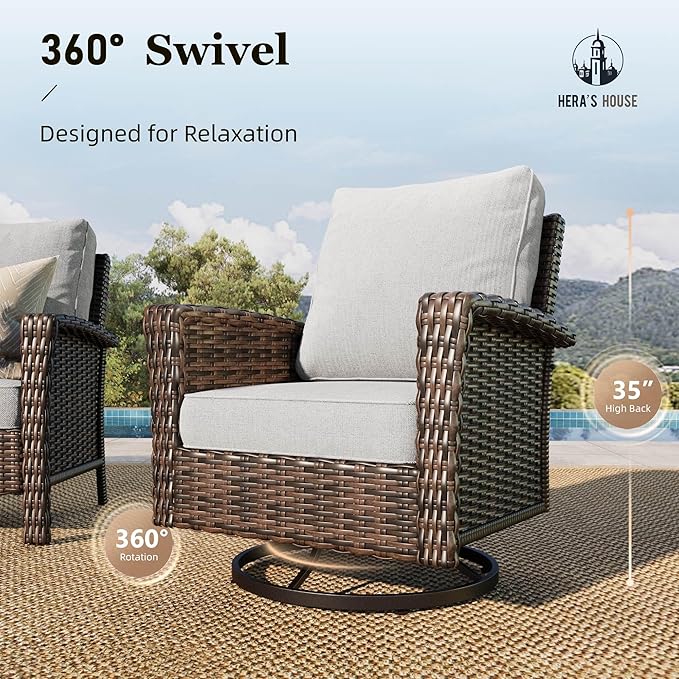 HERA'S HOUSE Grey Patio Furniture Set, High Back Wicker Sofa, Swivel Chairs with 5.5" Thick Cushions, 6-Piece Outdoor Seating Conversation Sets with Fire Pit Table & Ottomans for Deck Yard Garden