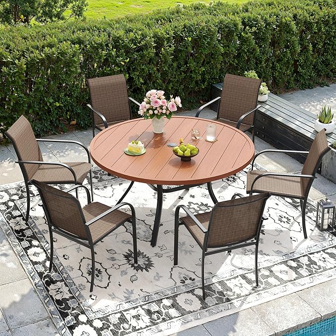 DIFY 48" Round Patio Dining Table for 6, All Weather Round Outdoor Metal Dining Table with 1.57" Umbrella Hole, Perfect for Backyard Lawn Garden, Walnut