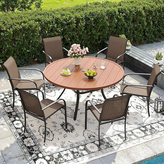 DIFY 48" Round Patio Dining Table for 6, All Weather Round Outdoor Metal Dining Table with 1.57" Umbrella Hole, Perfect for Backyard Lawn Garden, Walnut