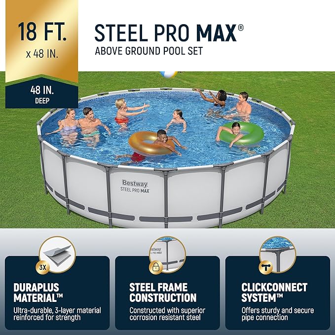 Bestway Steel Pro MAX 18 Foot x 48 Inch Round Metal Frame Above Ground Outdoor Swimming Pool Set with 1,000 Filter Pump, Ladder, and Cover