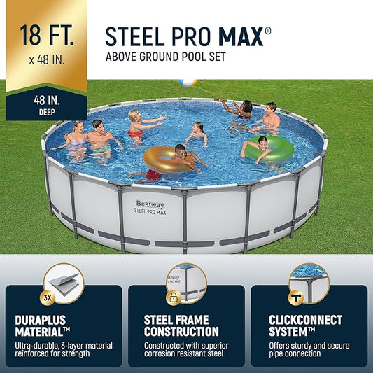 Bestway Steel Pro MAX 18 Foot x 48 Inch Round Metal Frame Above Ground Outdoor Swimming Pool Set with 1,000 Filter Pump, Ladder, and Cover