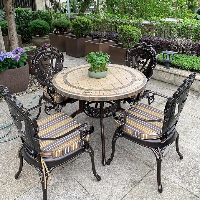 FAPOLITE Outdoor Table Tile Round Patio Table All Weather Aluminum Frame Outdoor Dining Tables for Lawn Garden Backyard (100cm Ore White Round Table)