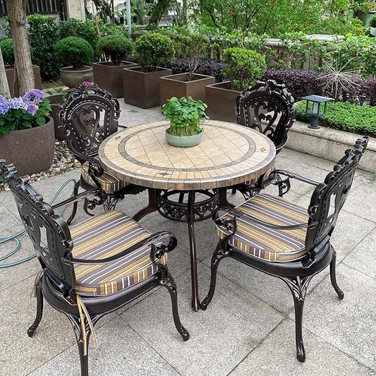 FAPOLITE Outdoor Table Tile Round Patio Table All Weather Aluminum Frame Outdoor Dining Tables for Lawn Garden Backyard (100cm Ore White Round Table)