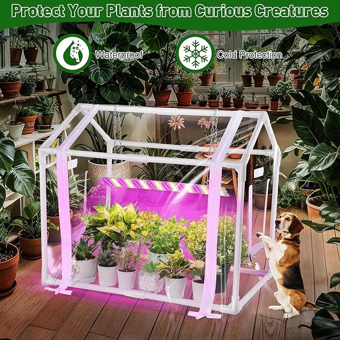 Meonum Mini Greenhouse with Grow Light for Indoor, 23.6"x15.7"x19.6" Tabletop Small Greenhouse Kit with 15W Plant Dimmable LED Grow Lights and Timer, 3 Light Color Mode for Seed Starter Tray