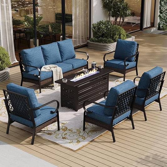 6 Piece Black Metal Outdoor Patio Furniture Sets with Firepit Table, Patio Conversation Sets 1 3-Seater Sofa, 4 Single Sofa with 5.75" Extra Cushion Backyard Furniture for Deck, Blue-2
