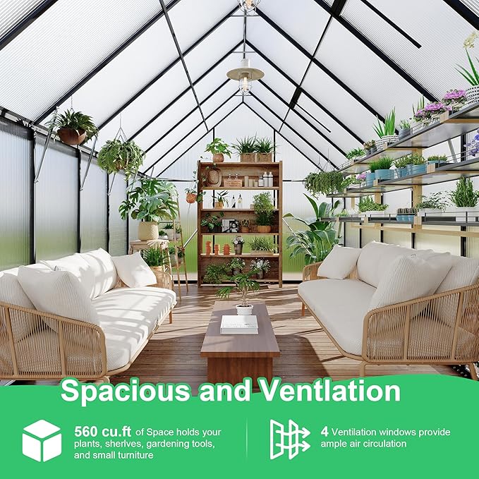 Polycarbonate Greenhouse for Outdoors, Large Walk-InGreenhouse with Quick Setup Structure and Roof Vent, Greenhouse with Ventilation and Rain Gutter