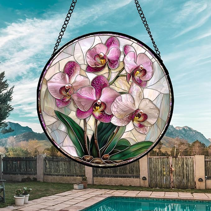 AMDERVEN Stained Glass Window Hanging - Pink Purple Phalaenopsis Flowers Sun Catcher for Door Home Decor Plant Suncatcher Christmas Mother's Day Birthday Gifts for Women Men Mom Nana 11.8 in