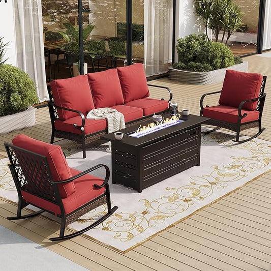 4 Piece Metal Outdoor Patio Furniture Sets with Firepit Table, Patio Conversation Sets 1 3-Seater Sofa, 2 Rocking Sofa with 5.75" Thick Cushion Backyard Furniture for Deck, Rust Red