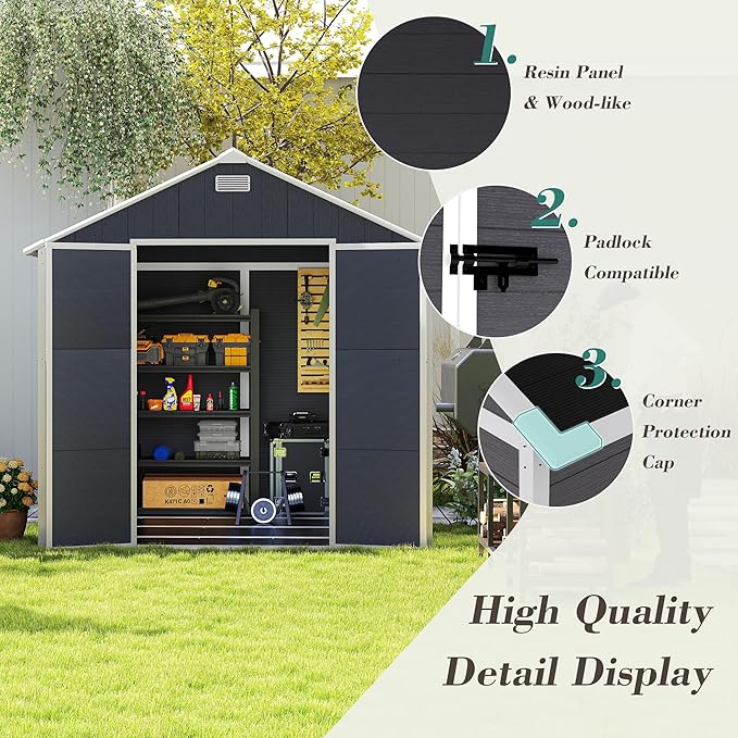 Resin Storage Shed 8x8ft, Outdoor Storage Sheds with Floor, Window, Lockable Doors and Vents, 12mm Thick pp Board, Large Storage Space Tool Shed for Bike, Garden, Backyard, Lawn (Dark Gray, 8 * 8ft)