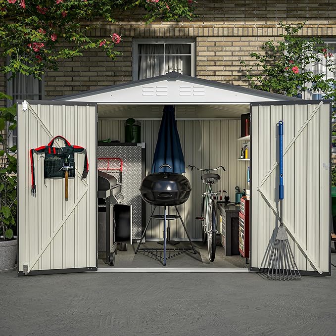 6x8 FT Outdoor Storage Shed, Metal Garden Shed with Lockable Hinged Doors, Outside Tool Shed with Sloped Roof & 4 Air Vents, Waterproof Storage Building for Backyard, Patio, Lawn, White