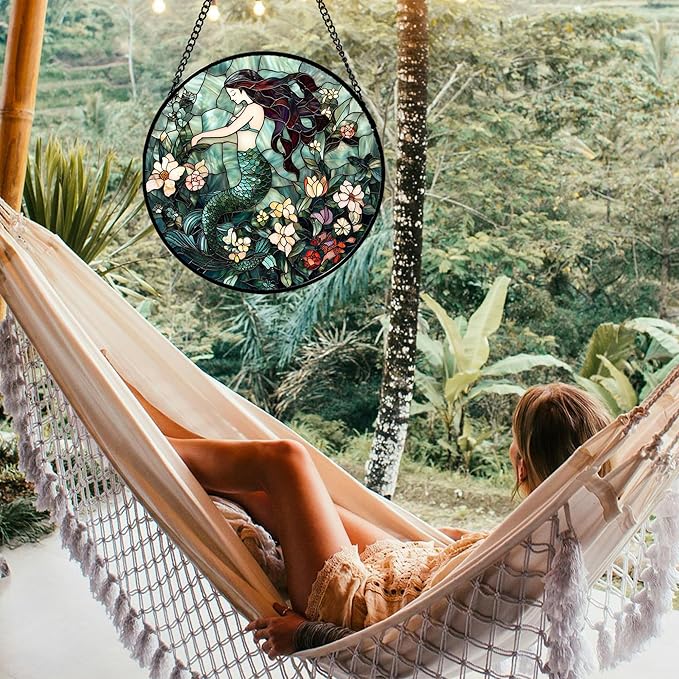 JOSUMALY Stained Glass Window Hanging - Teal Sleeping Mermaid Suncatcher for Door Terrace Garden Home Decor, Sea of Flowers Sun Catcher Birthday Gifts for Lovers Women Men Dad Mom Nana 7.8 in
