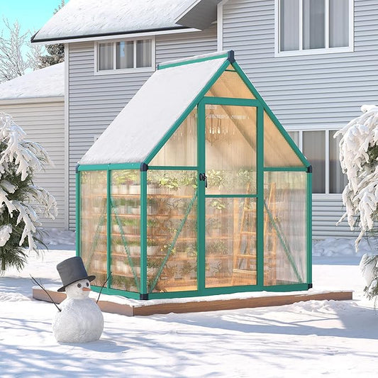 6 x 4 ft Greenhouse, Polycarbonate Walk-in Greenhouse with Aluminum Frame, Adjustable Roof Vent and Lockable Door, Green Houses for Outside, Garden, Backyard and Patio, Easy Assembly