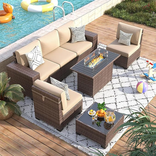 7 Piece Patio Furniture Set with Fire Pit Table, Outdoor Conversation Sets Wicker Rattan Sectional Sofa with Coffee Table, 4'' Thickened Cushion Beige (Include Waterproof Cover)