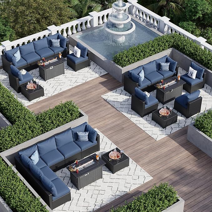 Aoxun 8 Piece Patio Furniture Set with 44” Fire Pit Table Wicker Rattan Patio Sectional Sofa Set Outdoor Seating Furniture with Thickened Cushion, Navy Blue