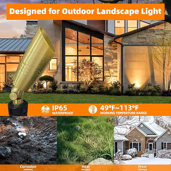 Brass Outdoor Spotlights,12V Low Voltage Landscape Lighting with MR16 LED Bulb,Waterproof Landscape Spot Lights for Yard,Garden,Lawn,Tree (10-Pack with Bulb)