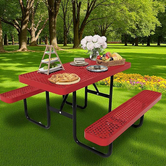 4FT Picnic Tables for Outdoors, Rectangular Commercial Metal Picnic Table Bench Set with Umbrella Hole,Heavy Duty Steel Weather-Resistant Dining Table for Patio Dining Garden Backyard BBQ School