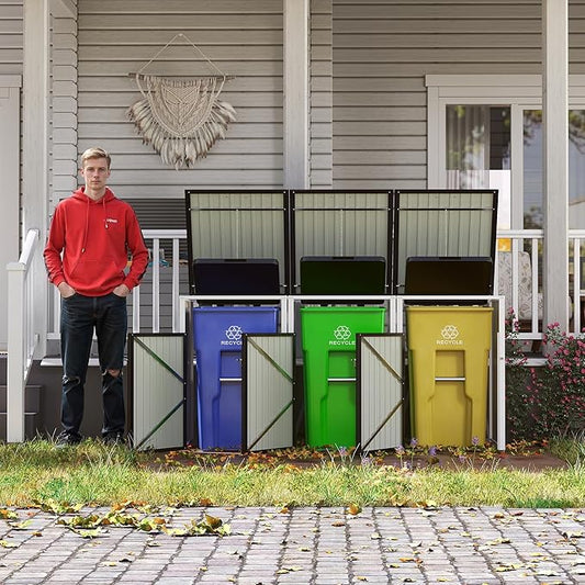 Outdoor Storage Shed Metal Trash Can Storage,120 Cu.Ft Garbage Can Storage Shed W/Lid Chain,Door Bolt & Pneumatic Spring Support Rods,for 3 Trash Bins,Bike,Garden Tools,Dark Gray