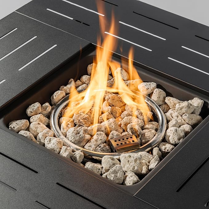 Propane Fire Pit Table, 34" Firepits for Outside, Gas Fire Pit for Outside Patio, Propane Fire Table with Steel Lid, Rocks for Backyard, 50000BTU, Tank Inside, Tank Not Included, Black