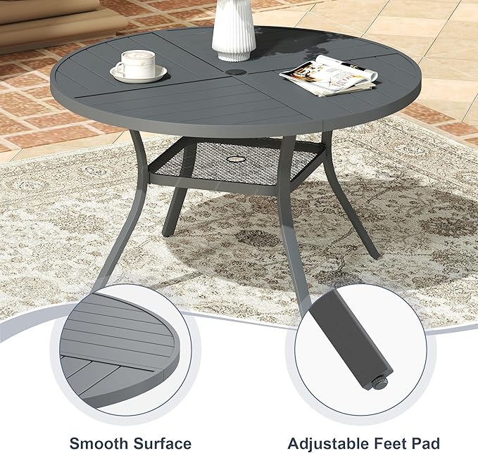 VICLLAX Round Patio Dining Table, 4 Person Metal Outdoor Dining Table with Umbrella Hole and Storage Shelf for Garden Lawn Deck, 40.6" Dark Grey