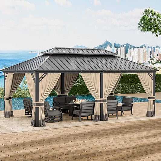 12’x20’ Hardtop Gazebo Outdoor Aluminum Frame Permanent Gazebo Galvanized Steel Double Roof Gazebos with Nettings and Curtains for Patio, Lawns,Backyard, Deck(Brown)