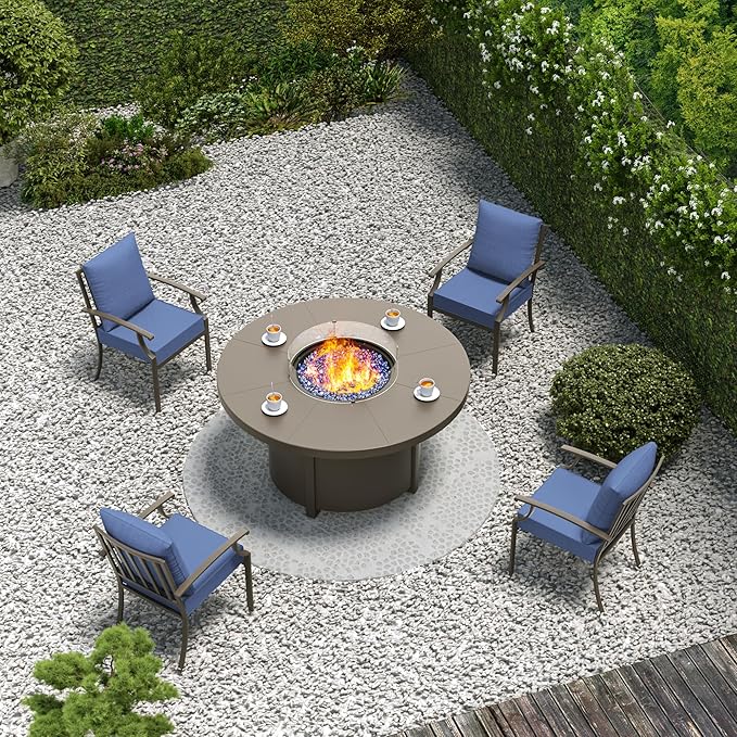 5 Pieces Patio Furniture Set with Round Fire Pit Table, Outdoor Conversation Sets 4 Chairs with Upgrade Cushions for Patio, Backyard Dark Blue
