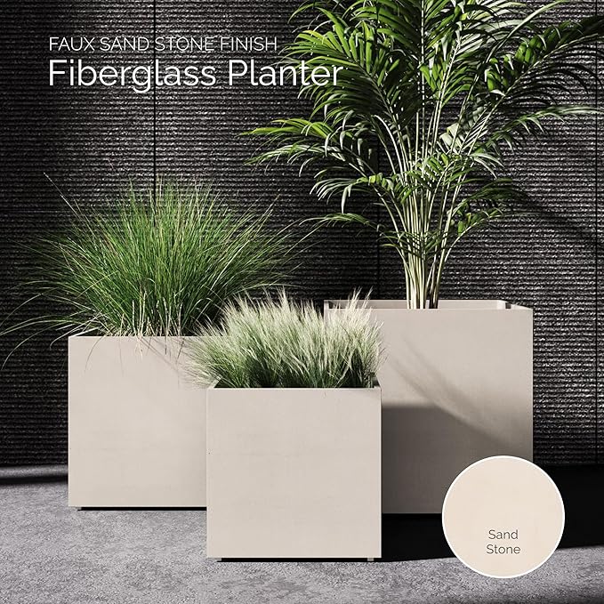 Reglito Cube Planter – Fiberglass Indoor/Outdoor and Weather-Resistant Large Planter (Sand Stone, 39.4" L x 39.4" W x 40" H)