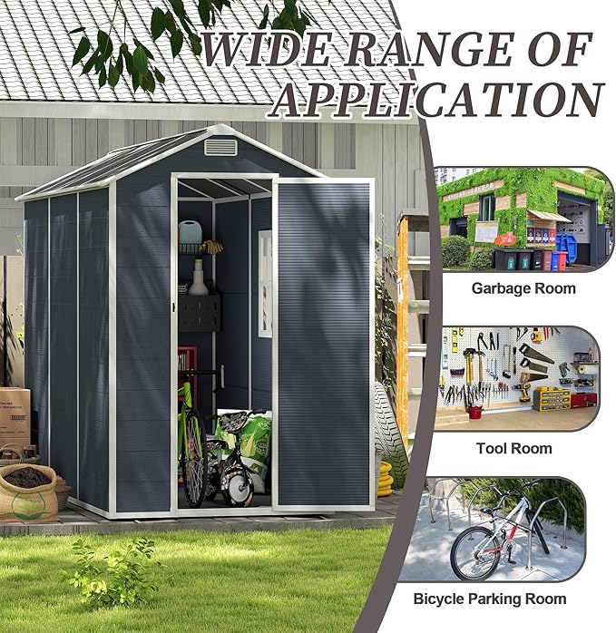 Resin Storage Shed 8x4ft, Outdoor Storage Sheds with Floor, Window, Lockable Doors and Vents, 12mm Thick pp Board, Tool Shed for Bike, Garden, Backyard, Lawn (Dark Gray, 4 * 8ft)