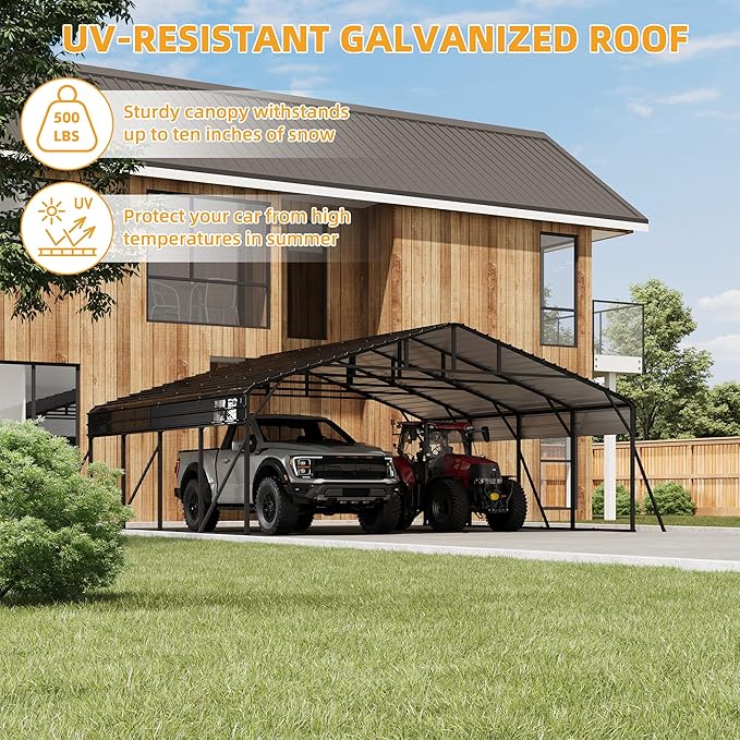20' x 20' Heavy Duty Metal Carport with Galvanized Steel Roof, Tall MetalCarport Kits Garage for Tractors, Trucks, Boats, Cars, Heavy Duty Metal Roof Carport with Enhanced Base