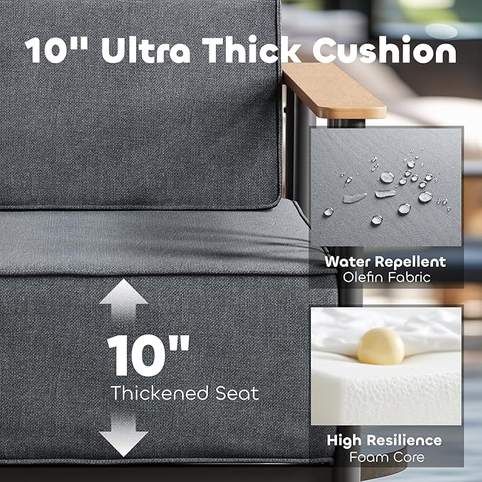 Luxury Patio Chairs with 10" Extra Thick Cushions, Outdoor Chairs with Ottomans, 4 PCS Outdoor Furniture Set for Porch, Balcony, Deck, Patio, Yard, Poolside, Black/Grey