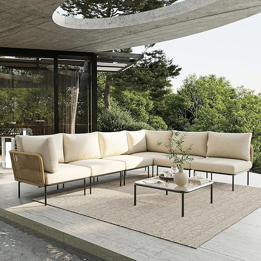 7 Piece Modern Outdoor Rope Wicker Sectional Patio L-Shaped Conversation Sofa Set Deep Seating with Thick Cushions