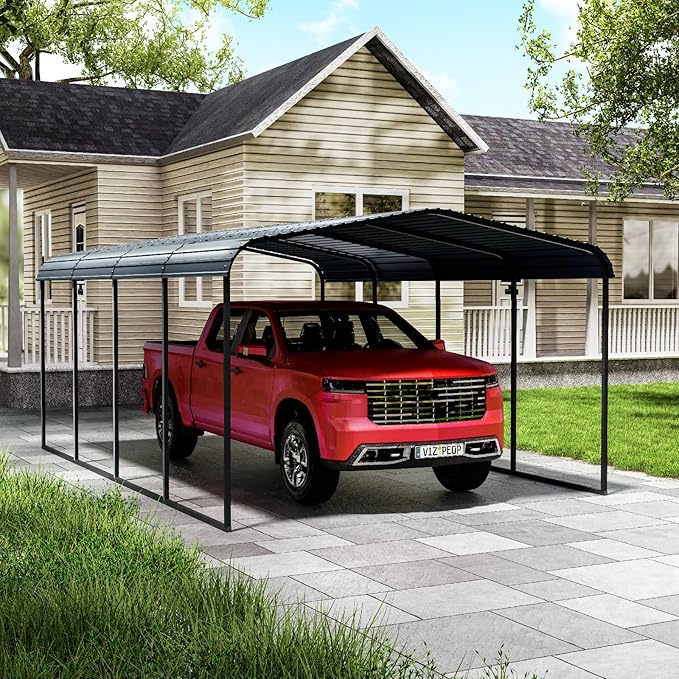 12x20 Heavy Duty Metal Carport – Galvanized Steel Car Port Canopy with Reinforced Frame & Roof – Oversized 12x20 Carport Shelter for Cars, Boats, Tractors