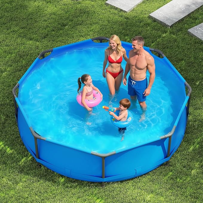 GYMAX 10ft x 30in Metal Frame Above Ground Swimming Pool, Outdoor Backyard Famliy Pool Set with Puncture-Resistant Fabric, Drainage Valve Connector for Kids & Adults (10' x 30", Round, Blue)