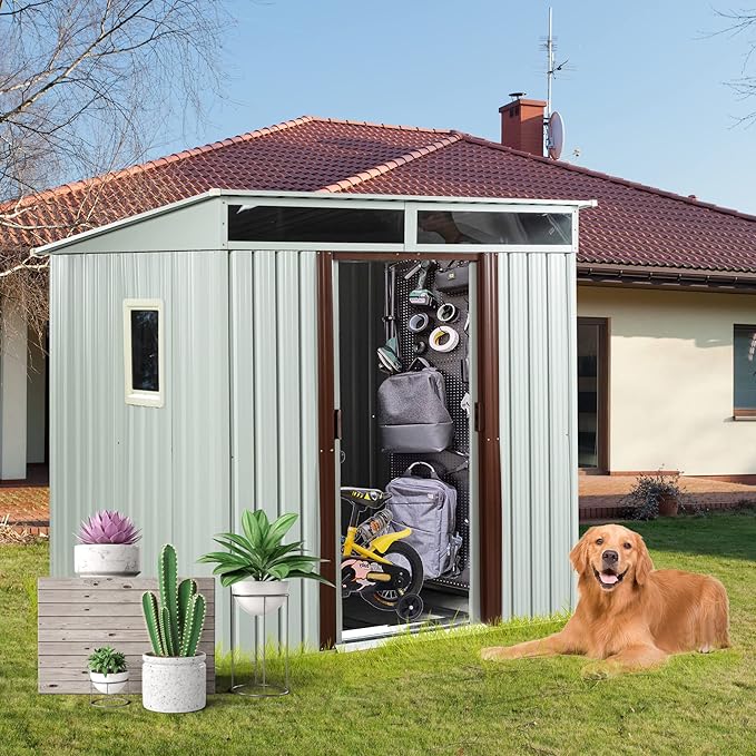 6X5 FT Outdoor Storage Shed, Waterproof Metal Garden Sheds with Lockable Door, Steel Tool Storage Buildings Shed & Outdoor Storage House for Garden, Backyard, Patio, Lawn, Trash Cans(White)