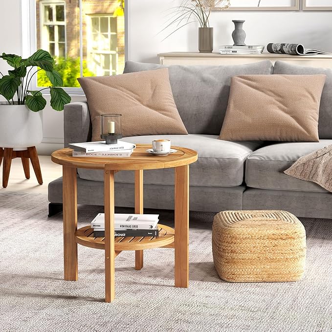 Tangkula Outdoor Round Side Table, 19.5 Inches Teak Wood Patio Table with Slatted Tabletop & Storage Shelf, 2-Tier Heavy Duty Small End Table for Backyard, Porch, Deck, Yard, Garden, Natural