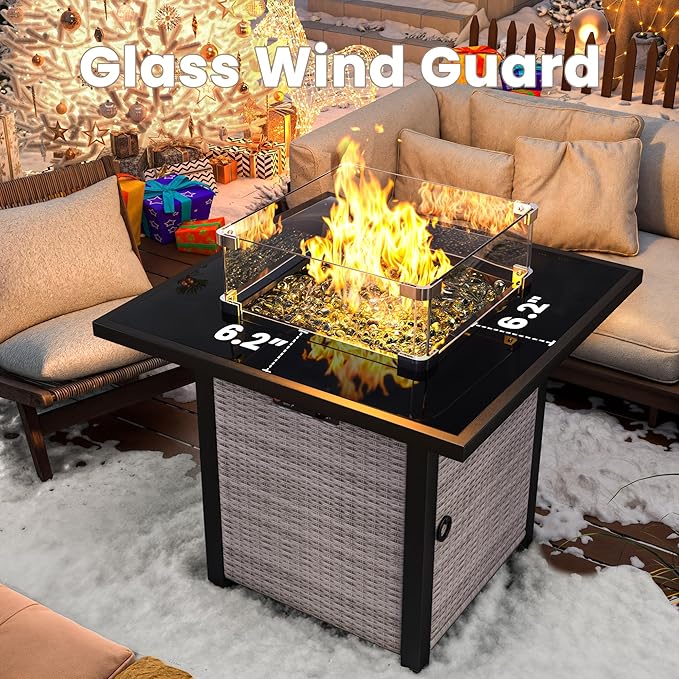 Propane Fire Pit Table, Outdoor Fire Pit Table, 28" Rattan Square Outdoor Gas FirePit with Glass Wind Guard, Tempered Glass Tabletop, Lid, CSA Listed, 50,000 BTU, Outside Patio & Garden, Gray-White