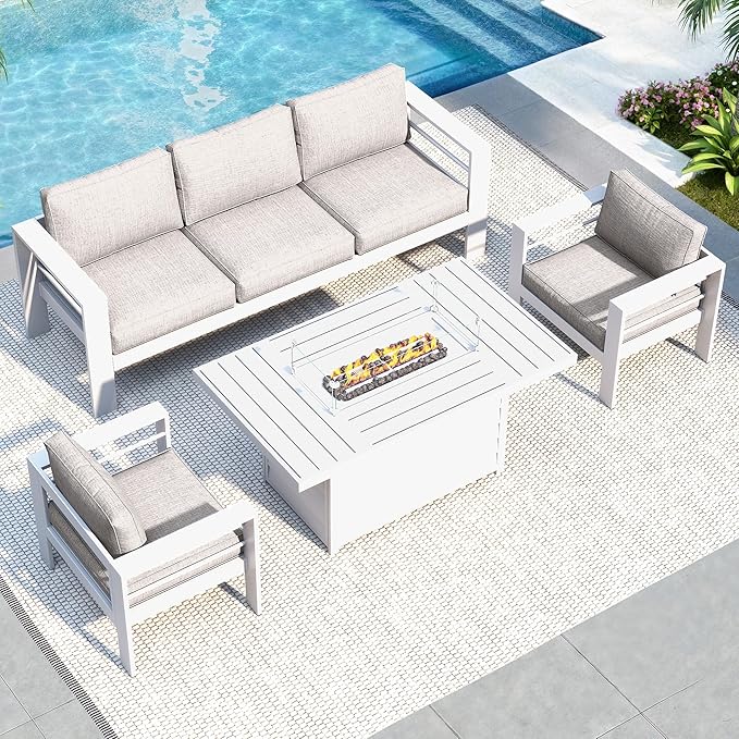 Solaste Aluminum Patio Furniture Set with Fire Pit Table, 4 Piece Metal Outdoor Furniture with Water-Resistant Cushions, Modern Patio Conversation Set for Balcony, Front Porch, and Backyard, White