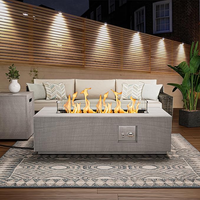 42" Rectangular Propane Fire Pit table, 50,000 BTU Fireplace Table with Wind Guard Glass, Lid, Rocks and Cover, Outdoor Fire Pit for Deck or Patio, Fogata para Patio (Light Grey, 42" Standard)