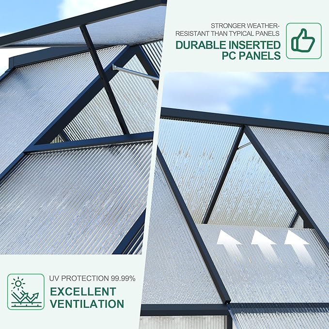 Polycarbonate Greenhouse for Outdoors, Large Walk-InGreenhouse with Quick Setup Structure and Roof Vent, Greenhouse with Ventilation and Rain Gutter