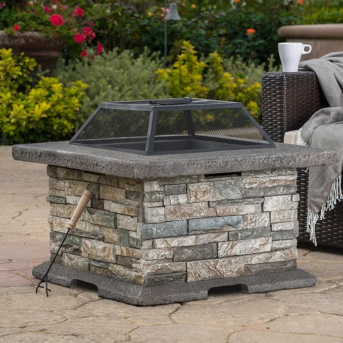 29 Inch Outdoor Fire Pit Table, Wood Burning Fire Pit for Patio with Spark Screen, Fire Poker, MGO Square Fireplaces for Camping, Garden, Backyard, Bonfire Party, Stone Gray